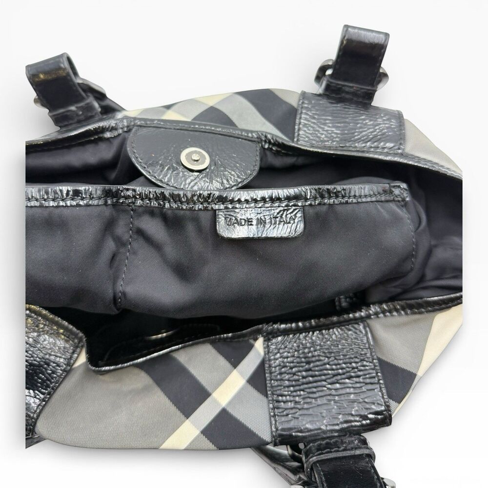 BURBERRY BEAT CHECK VICTORIA NYLON PATENT LEATHER TOTE BAG - Picture 7 of 12